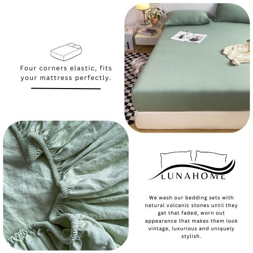 3 Pieces Fitted Bedsheet Set, Washable Cotton, Green Color, Various Sizes. - BusDeals