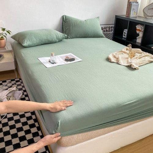 3 Pieces Fitted Bedsheet Set, Washable Cotton, Green Color, Various Sizes. - BusDeals