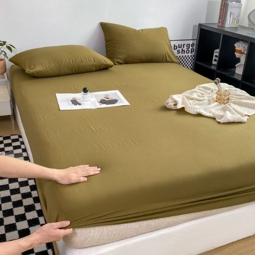 3 Pieces Fitted Bedsheet Set, Washable Cotton, Khaki Color, Various Sizes. - BusDeals