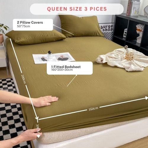 3 Pieces Fitted Bedsheet Set, Washable Cotton, Khaki Color, Various Sizes. - BusDeals