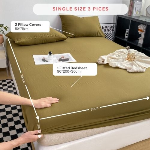 3 Pieces Fitted Bedsheet Set, Washable Cotton, Khaki Color, Various Sizes. - BusDeals