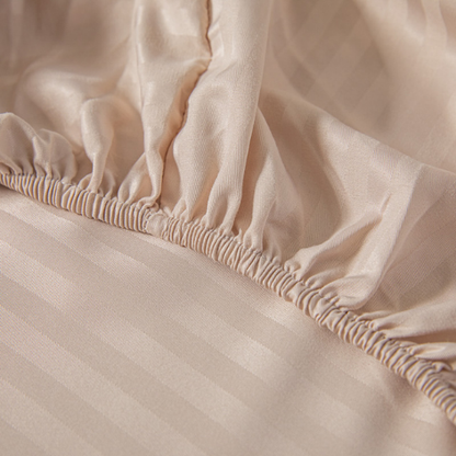 Single Size 3 Piece Set, Bedsheet with 2 Pillow Cases, Beige Color, Satin Striped Design.