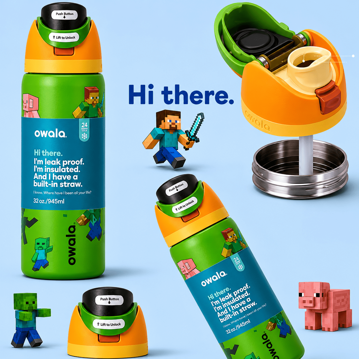 32 OZ. 945 ML Owala Minecraft FreeSip Insulated Stainless Steel - BusDeals