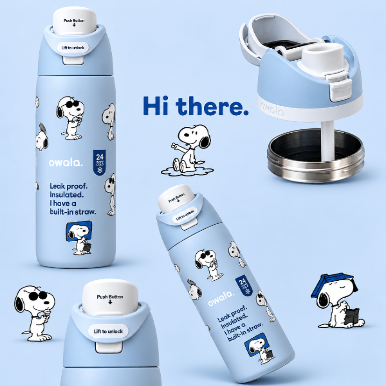 32 OZ. 945 ML Owala Snoopy FreeSlip Stainless Steel Vacuum Insulated Sports Water Bottle. Blue - BusDeals