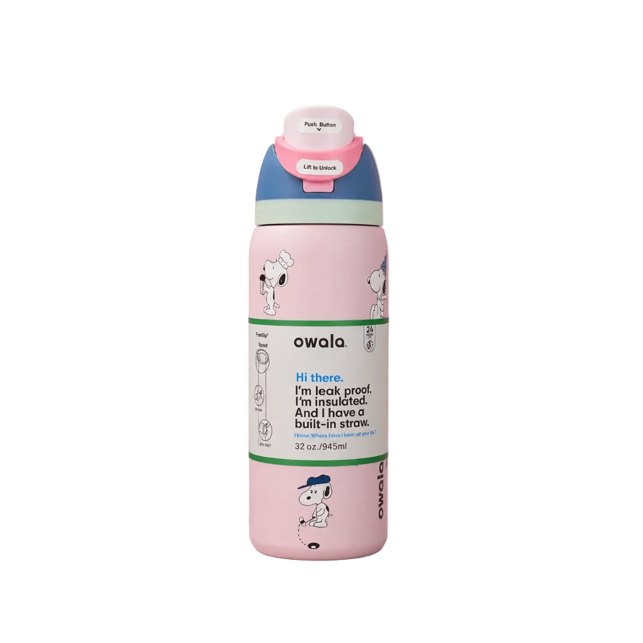 32 OZ. 945 ML Owala Snoopy FreeSlip Stainless Steel Vacuum Insulated Sports Water Bottle. Pink - BusDeals