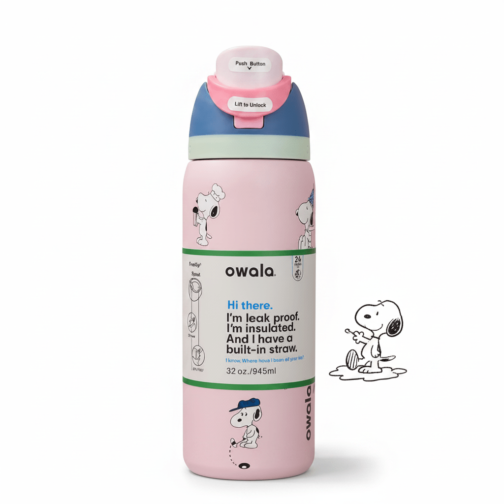 32 OZ. 945 ML Owala Snoopy FreeSlip Stainless Steel Vacuum Insulated Sports Water Bottle. Pink - BusDeals