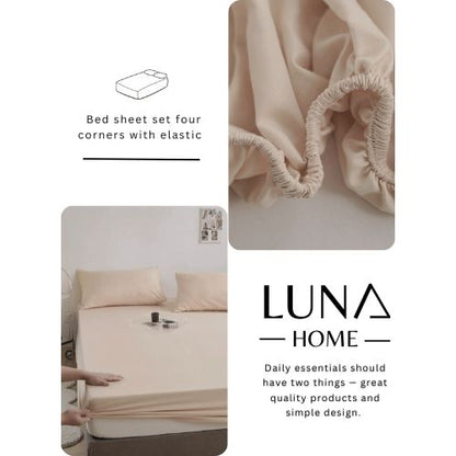 King Size 3 Pieces Fitted Bedsheet Set, Plain Beige Color.