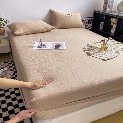 Single Size 3 Pieces Fitted Bedsheet Set, Washable Cotton, Beige Color.