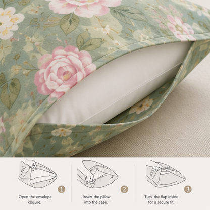 Floral-patterned pillow case with a pillow inside on a neutral background