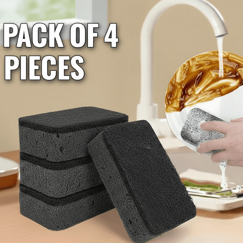 4 - Pcs Non - Scratch Scrub Sponges - Washing Dishes, Black Color - BusDeals