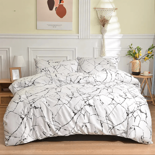 4 piece single size bed linen set in Scandinavian style with marble pattern. - BusDeals