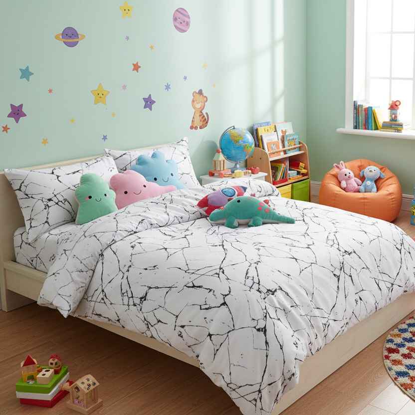 4 piece single size bed linen set in Scandinavian style with marble pattern. - BusDeals