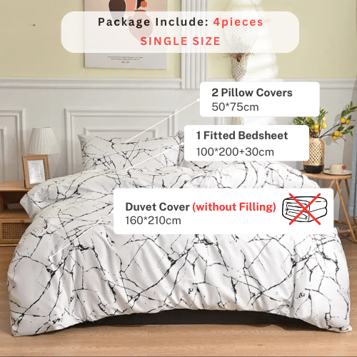 4 piece single size bed linen set in Scandinavian style with marble pattern. - BusDeals