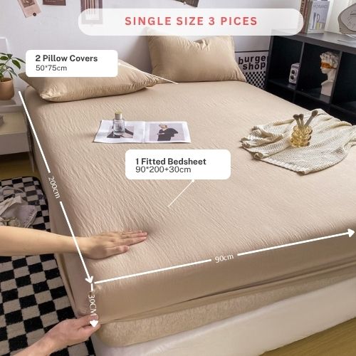 Single Size 3 Pieces Fitted Bedsheet Set, Washable Cotton, Beige Color.