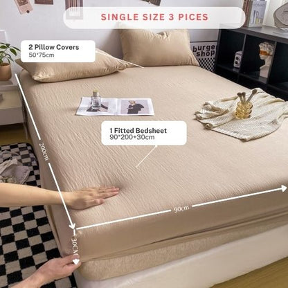 Single Size 3 Pieces Fitted Bedsheet Set, Washable Cotton, Beige Color.