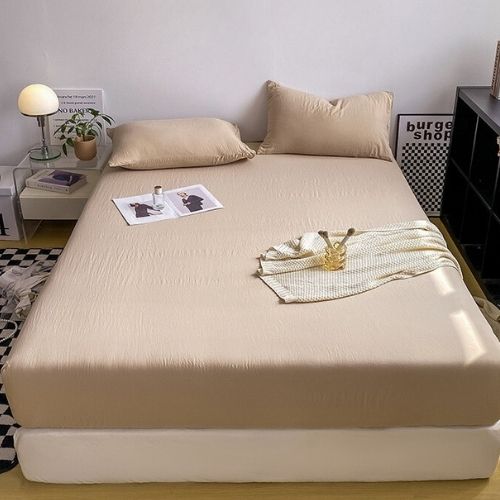 Single Size 3 Pieces Fitted Bedsheet Set, Washable Cotton, Beige Color.