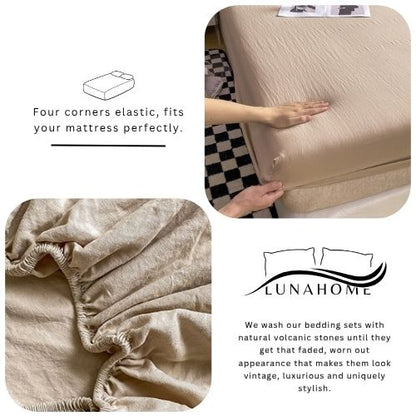 Single Size 3 Pieces Fitted Bedsheet Set, Washable Cotton, Beige Color.