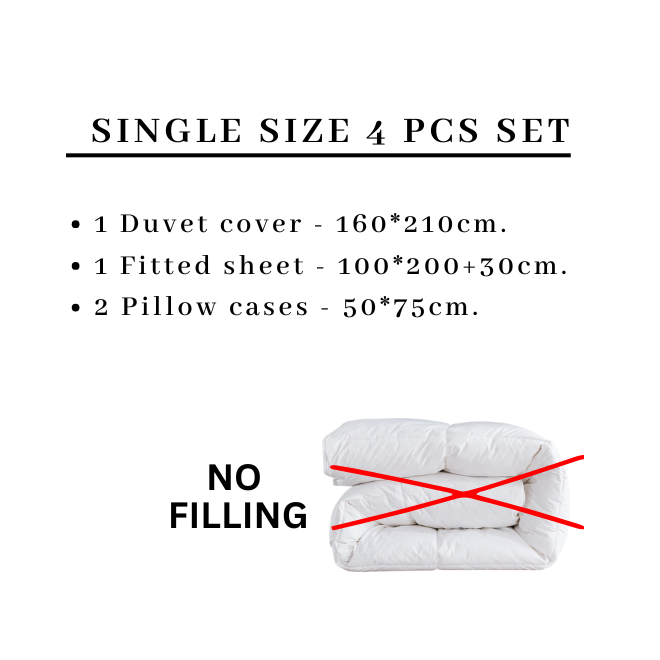 White duvet cover set with specifications on a white background