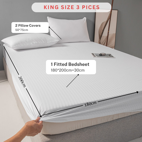 Single Size 3 Piece Set, Bedsheet with 2 Pillow Cases,  White Color, Satin Striped Design.