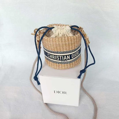 Christian Dior VIP Beauty Gift Woven Straw Mini Blue Lipstick Bucket Crossbody Bag
