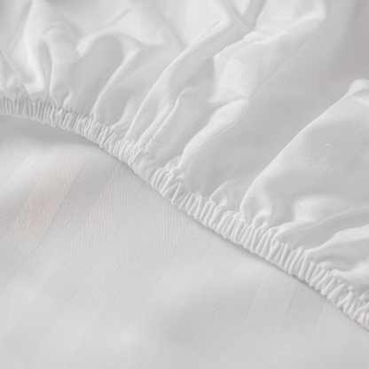 Single Size 3 Piece Set, Bedsheet with 2 Pillow Cases,  White Color, Satin Striped Design.