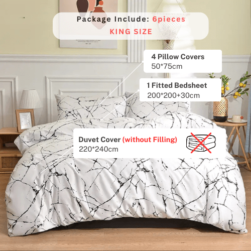 6 piece king size bed linen set in Scandinavian style with marble pattern. - BusDeals