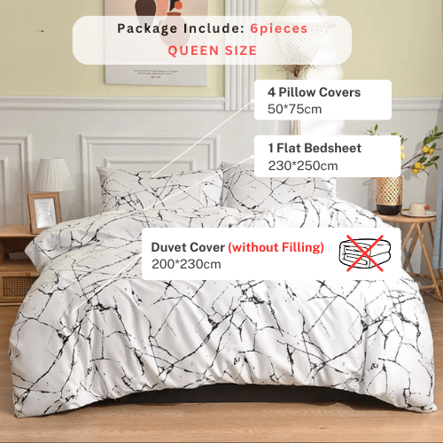 6 piece queen size bed linen set in Scandinavian style with marble pattern. - BusDeals