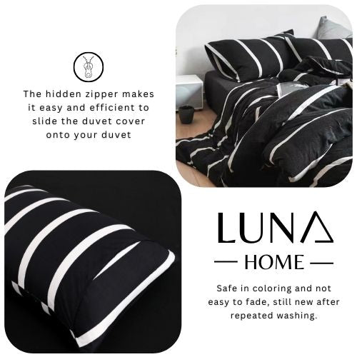 Queen size 6 pieces,non-reversible bedding set, black and white stripe design with black bedsheet, BusDeals.Today