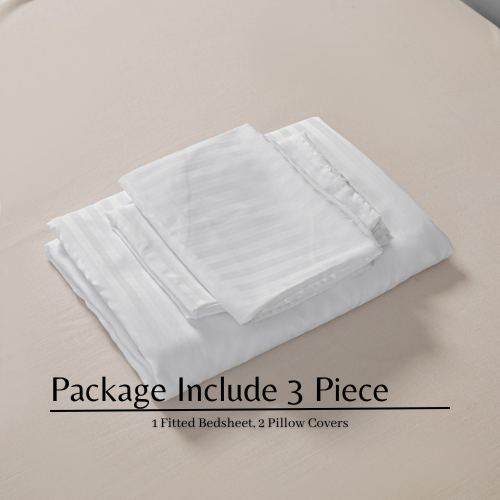 Single Size 3 Piece Set, Bedsheet with 2 Pillow Cases,  White Color, Satin Striped Design.