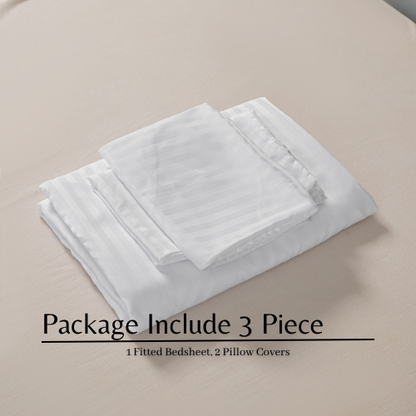 Single Size 3 Piece Set, Bedsheet with 2 Pillow Cases,  White Color, Satin Striped Design.