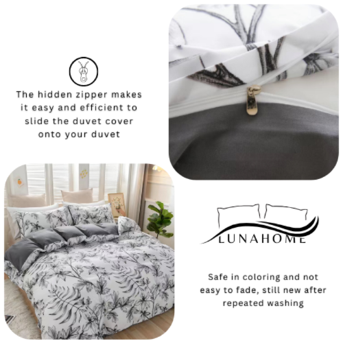 King size 6 piece duvet cover set with gray leaf pattern, very soft quality. - BusDeals