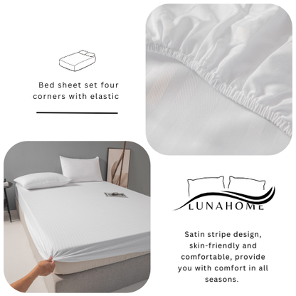 Single Size 3 Piece Set, Bedsheet with 2 Pillow Cases,  White Color, Satin Striped Design.