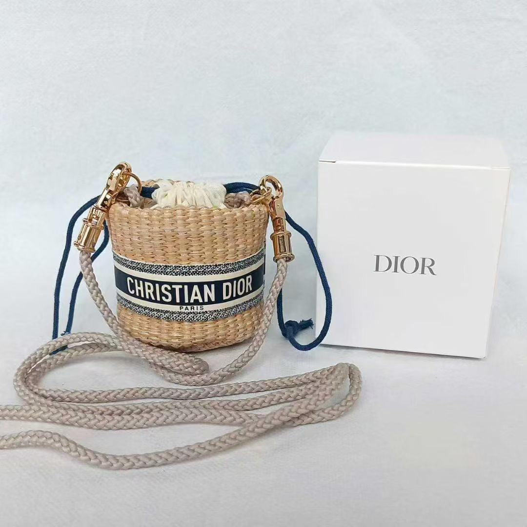 Christian Dior VIP Beauty Gift Woven Straw Mini Blue Lipstick Bucket Crossbody Bag