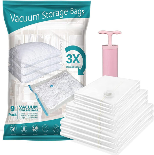 9pcs Vacuum Storage 3 Large, 3 Medium, 3 Small Bag with Free Pump for Clothes Space Saver Compressed Bags. - BusDeals