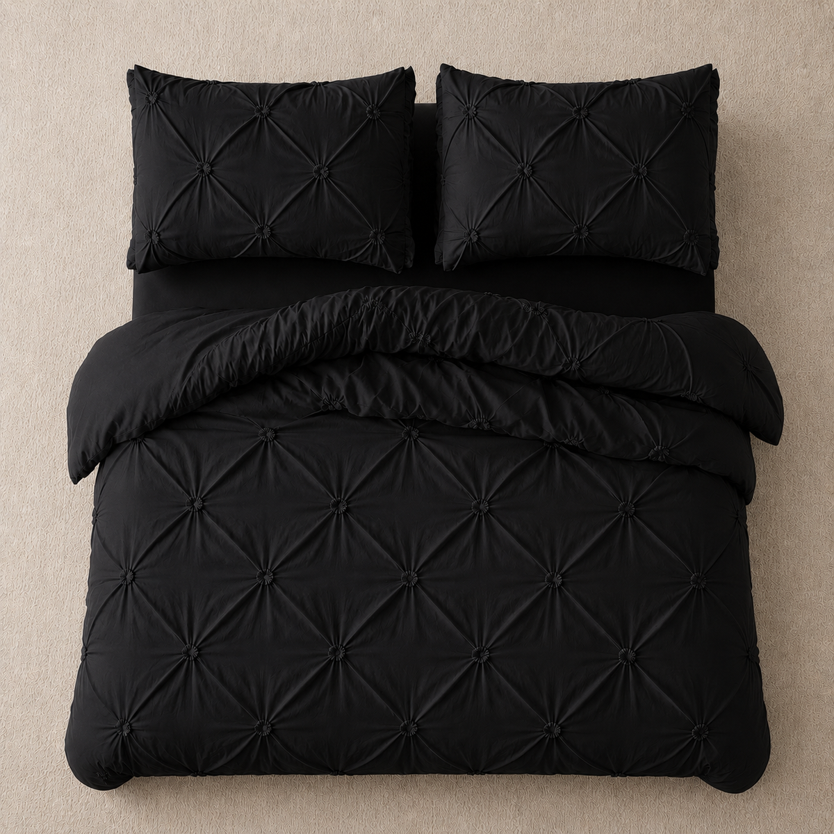 غطاء لحاف كينج مطرز 6 قطع بتصميم وردة مطوية، أسود سادة.