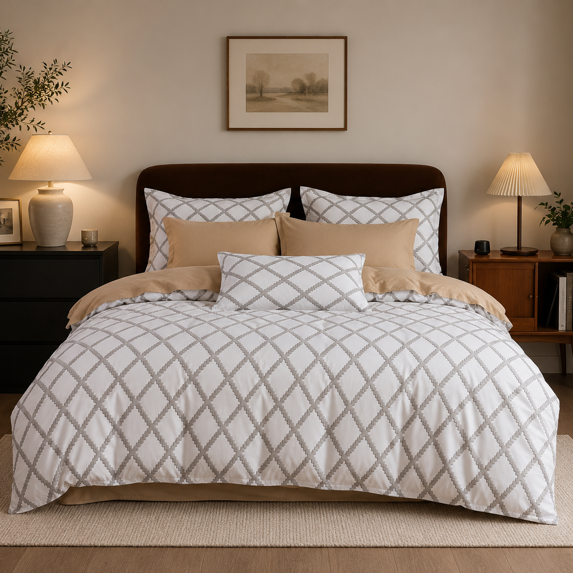 Neatly made bed with patterned bedding in a bedroom setting.
