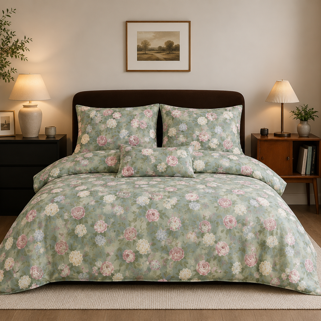 Floral bedding set on a bed in a bedroom with lamps and decor.
