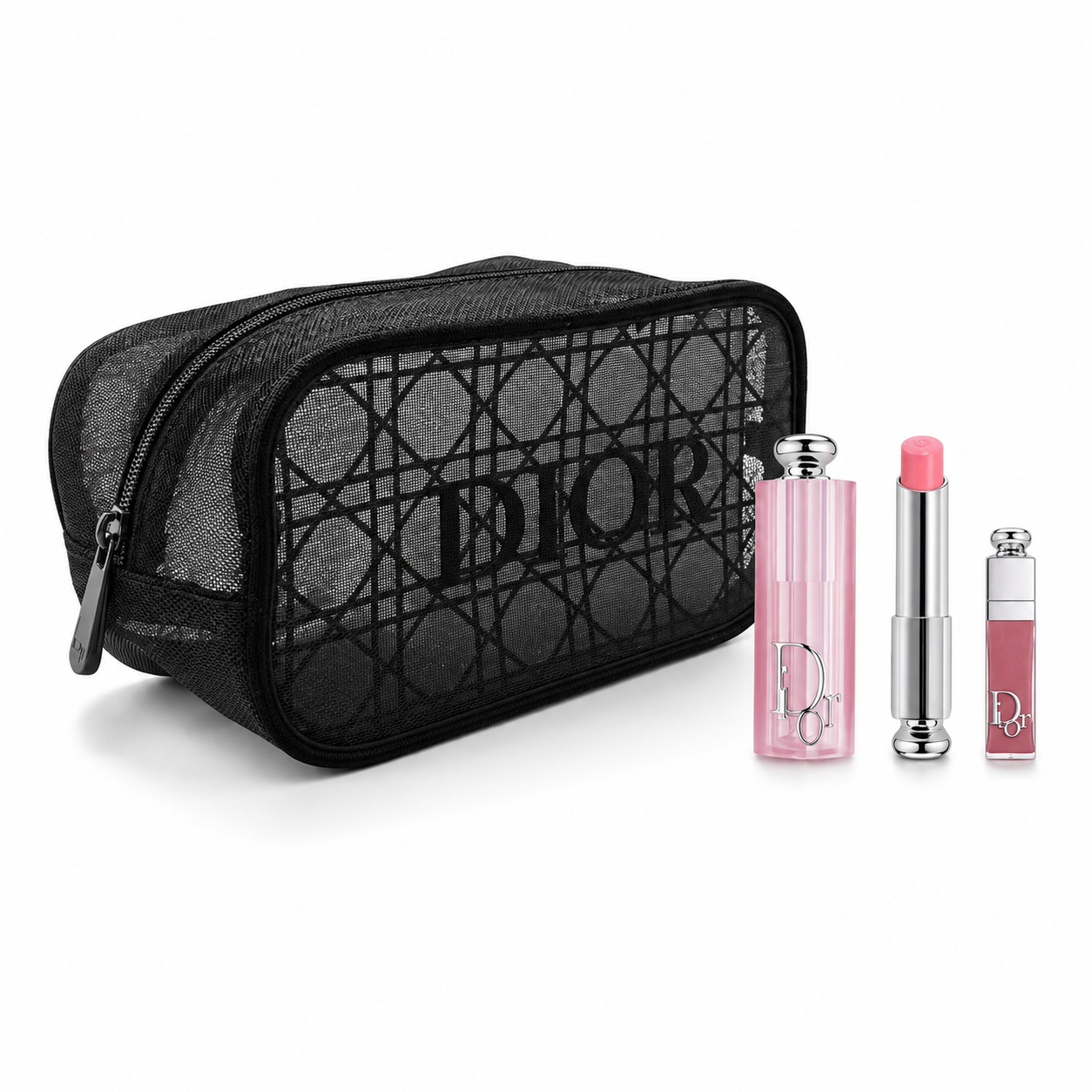 Dior Beauty Gift Set Mesh Cosmetic Pouch, Lip Glow Balm (001 Pink) and Mini Lip Glow 038 Rose Nude with Gift Shopping bag