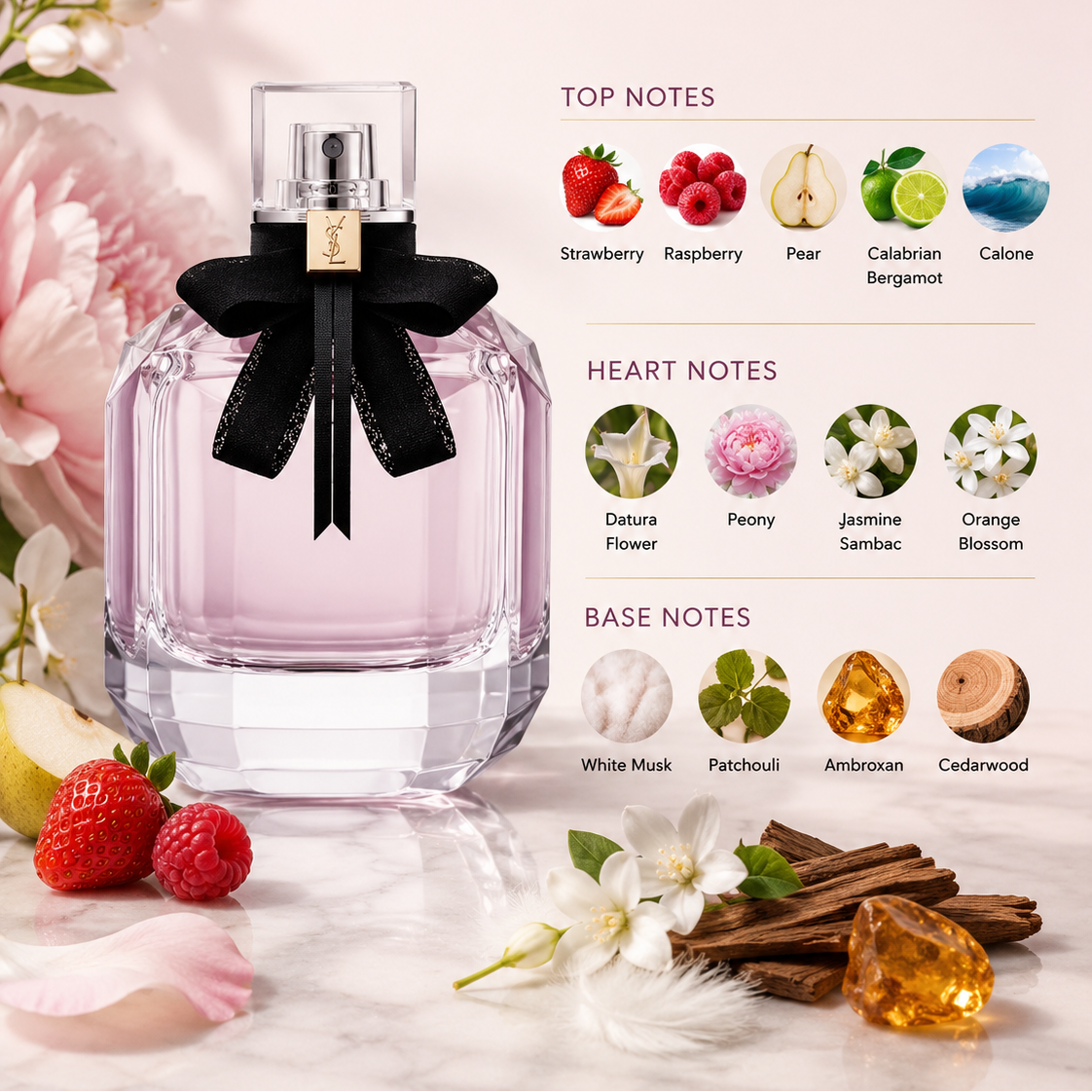 A perfume bottle with a black ribbon bow on a light pink background, labeled 'FRAGRANCE NOTES' with scent notes including strawberry, raspberry, pear, calamus bergamot, jasmine sambac, white musk, patchouli, ambrette, and cedarwood.