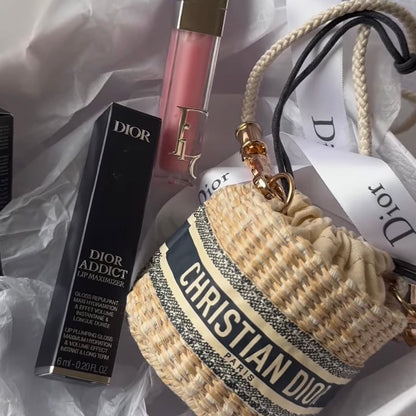 Christian Dior mini straw bucket / drawstring crossbody bag with Lip Maximizer 001 in Gift Box