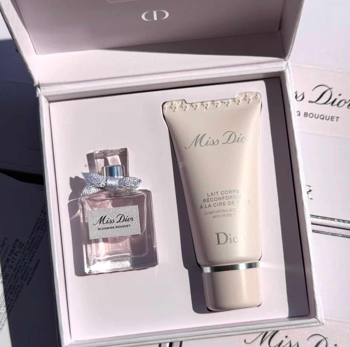 Dior Pink Ribbon Pouch and Mini Miss Dior Blooming Bouquet Set with Gift Bag