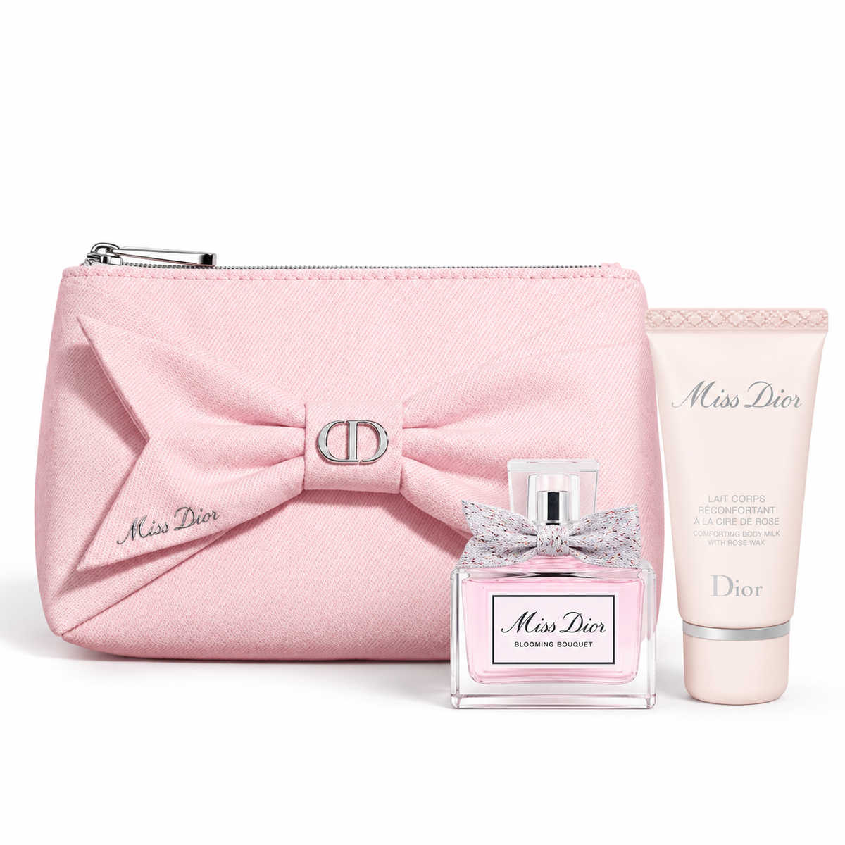 Dior Pink Ribbon Pouch and Mini Miss Dior Blooming Bouquet Set with Gift Bag