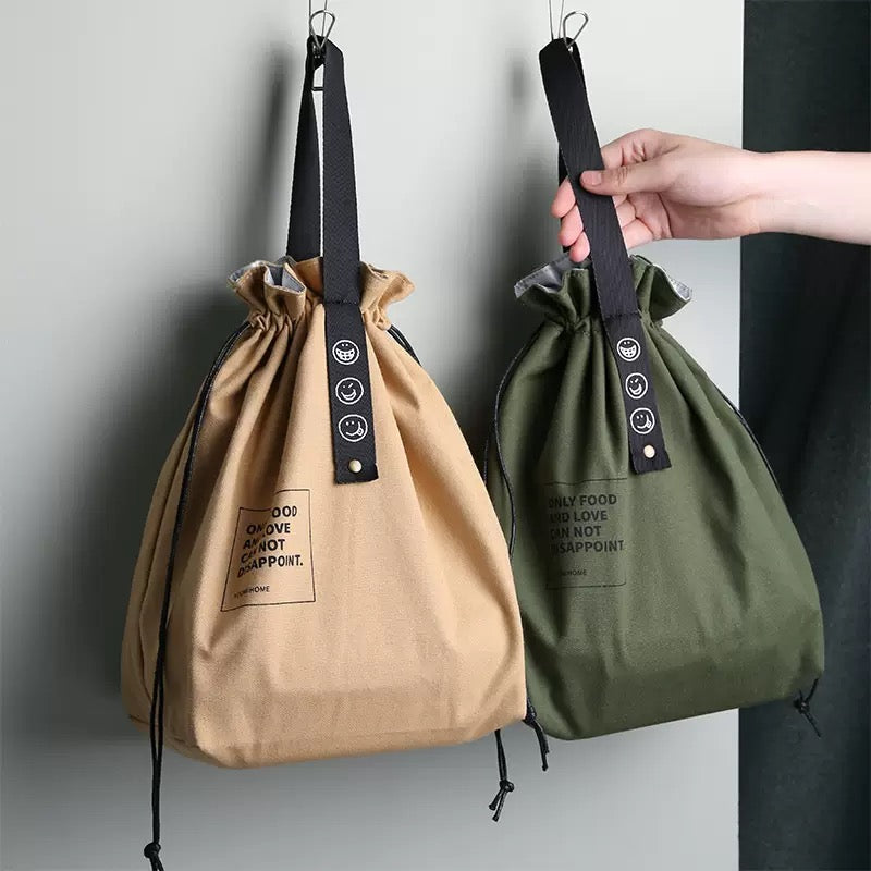 Insulated Canvas Lunch Bag - Reusable Cooler for Work, Office, Picnic & Travel - Large Capacity Drawstring Design, Green