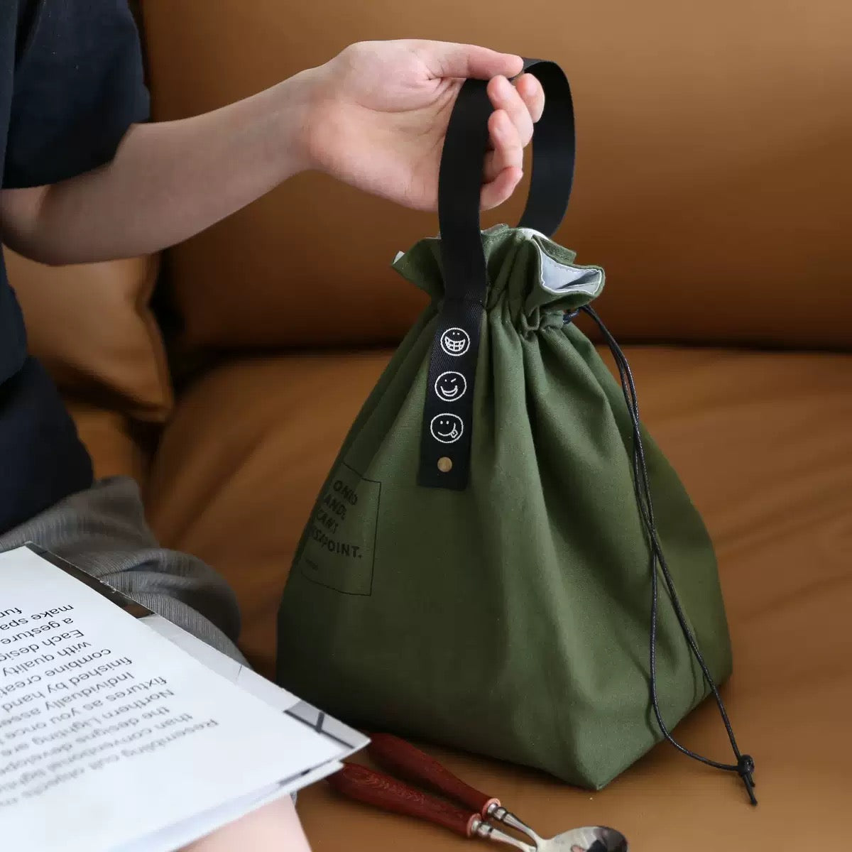 Insulated Canvas Lunch Bag - Reusable Cooler for Work, Office, Picnic & Travel - Large Capacity Drawstring Design, Green