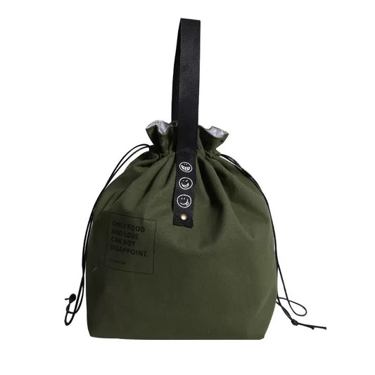 Insulated Canvas Lunch Bag - Reusable Cooler for Work, Office, Picnic & Travel - Large Capacity Drawstring Design, Green