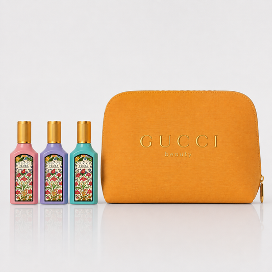 Gucci Beauty Pouch/Bag with 3 Flora MINI Parfume