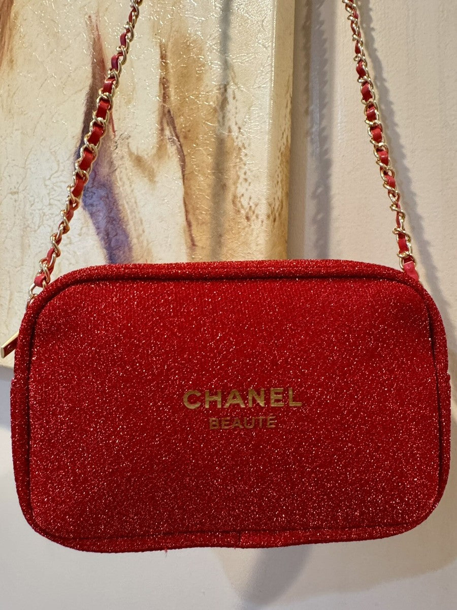 Chanel Beauty Transformed Cosmetic Red Velvet Gold Crossbody Bag