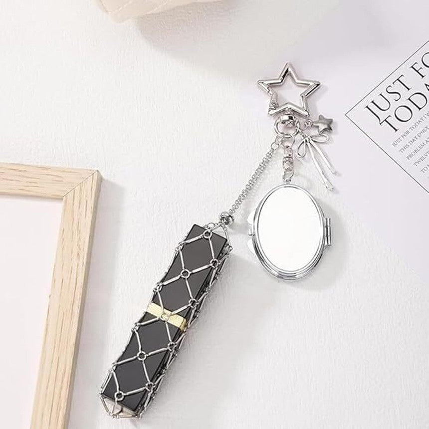 Mesh Lipstick Keychain, Mini Mirror - Lipstick Holder