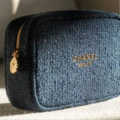 Chanel Beauty Cosmetic Luxury Navy Tweed Bag