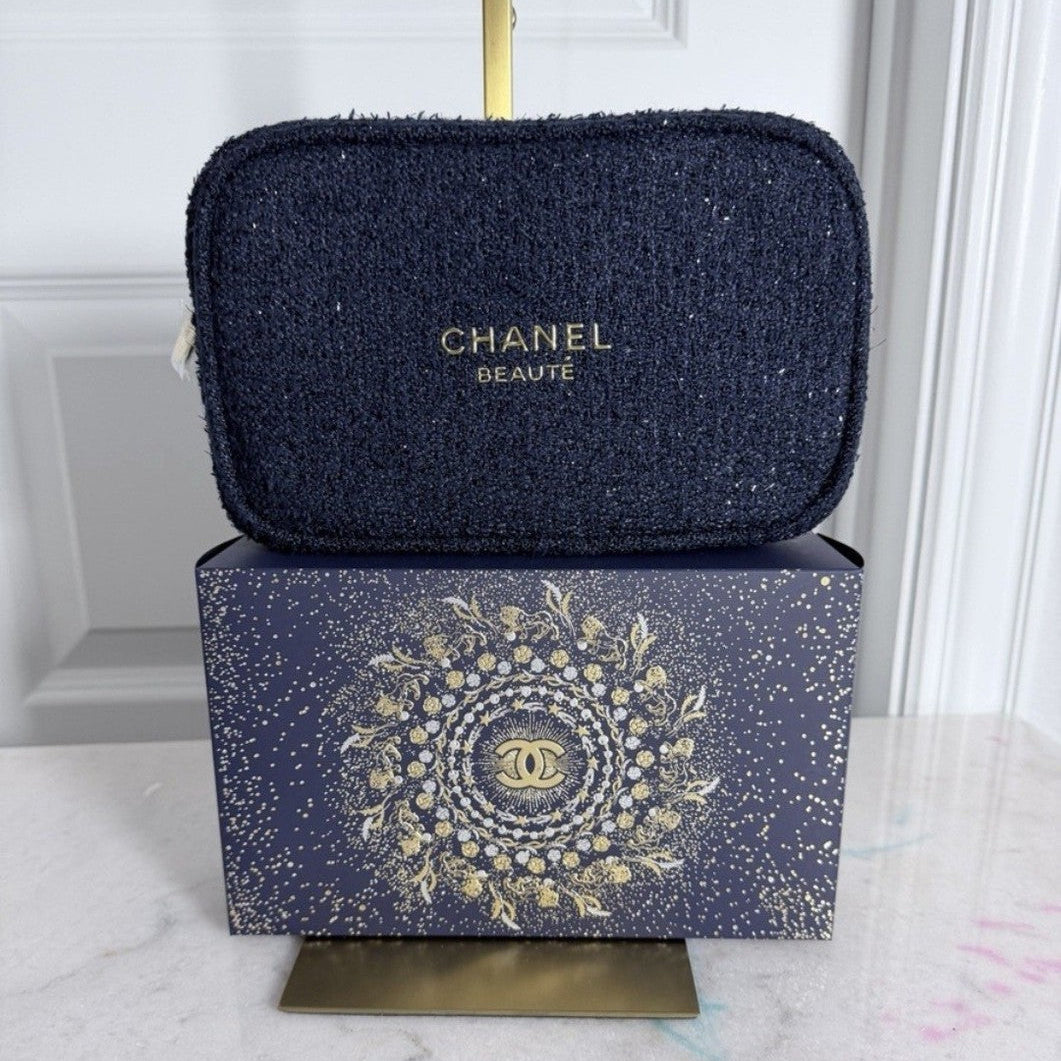 Chanel Beauty Cosmetic Luxury Navy Tweed Bag